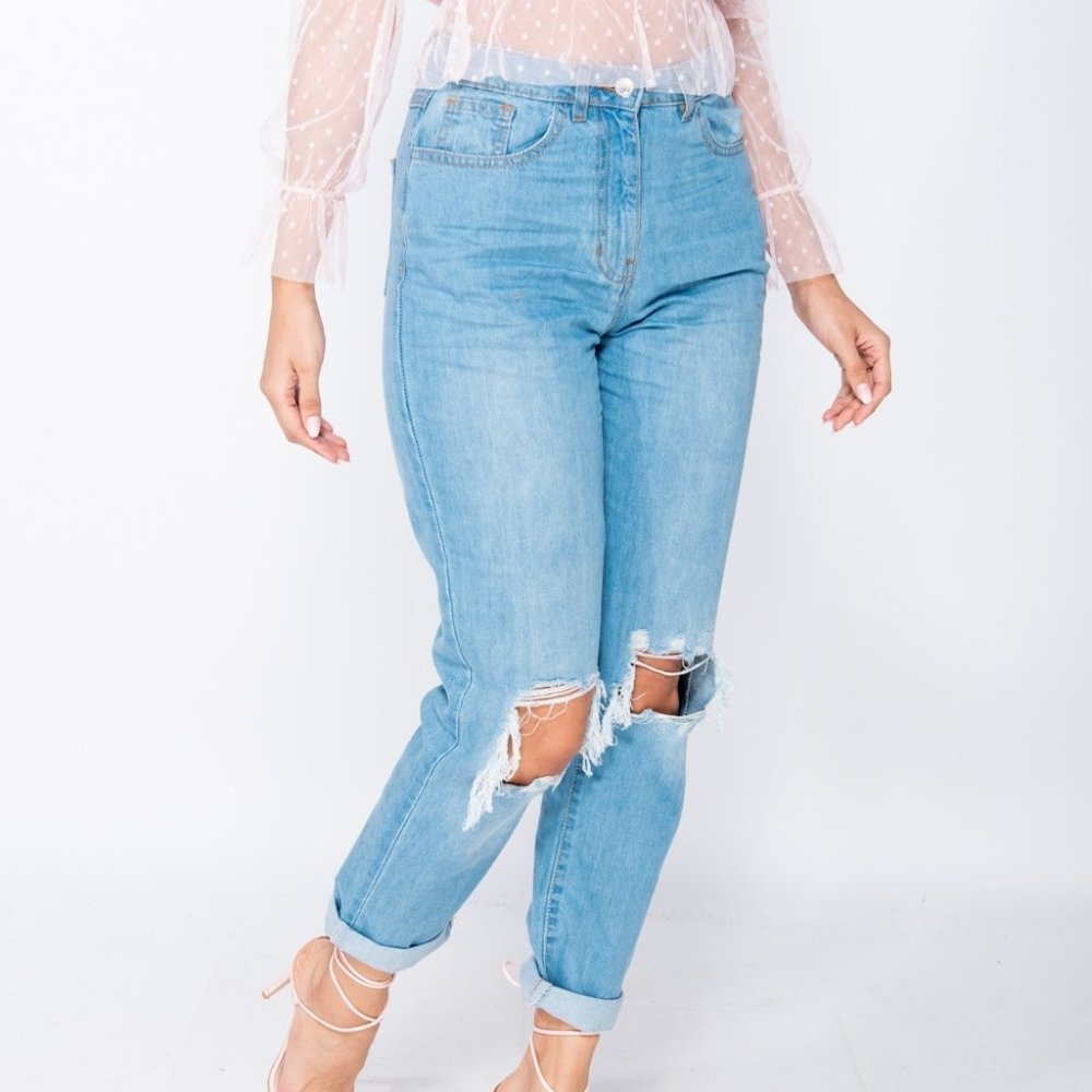 RESTOCK High Waist Distressed Cuff Boyfriend Jeans - Picture 5 of 13